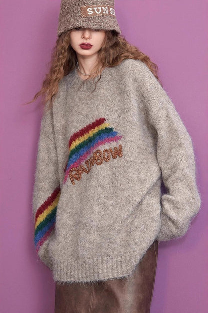 Letter Embroidery Relaxed Crewneck Sweater