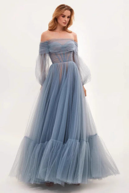 Off Shoulder Mesh Long Sleeve Prom Dress