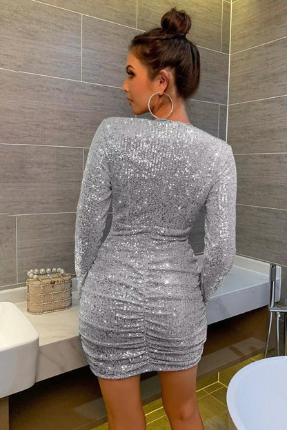 Sequin Ruched V Neck Mini Dress