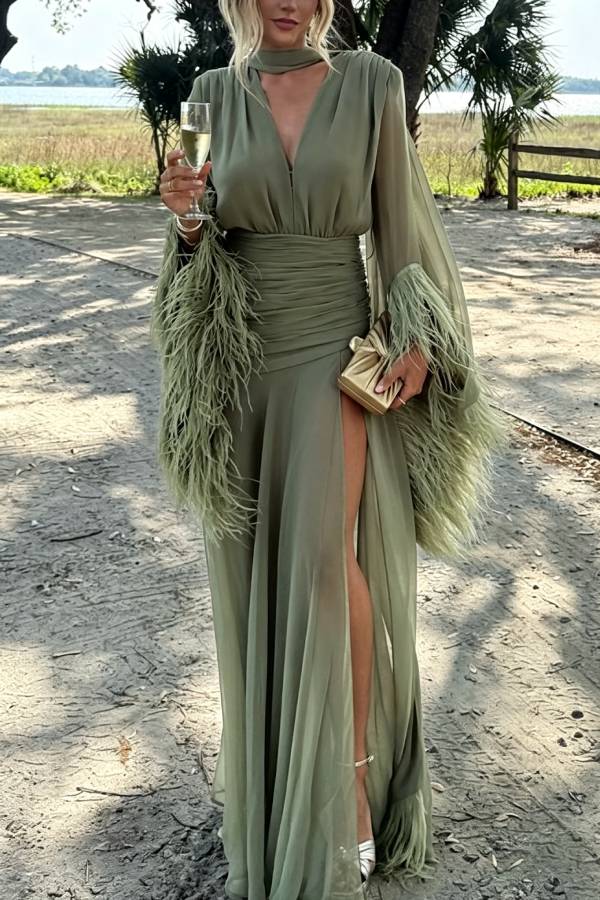 Geisha Lightweight Crepe Feather Trim Sleeve Ruched Waist Slit Maxi Dress