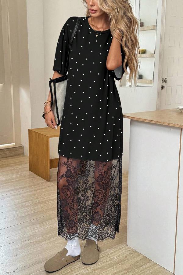 Leopard Print / Polka Dot Patchwork Lace Hem T-Shirt Dress