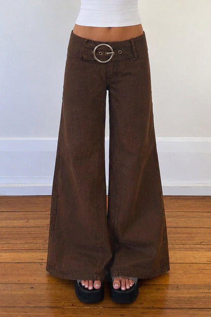 Low Rise Buckle Detail Loose Flare Leg Jeans