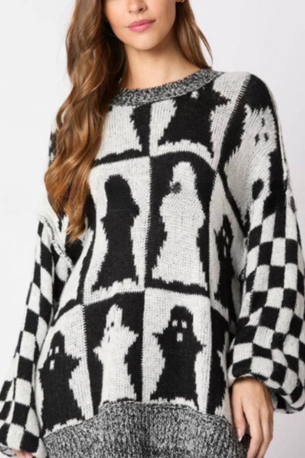 Halloween Ghost Plaid Crew Neck Sweater