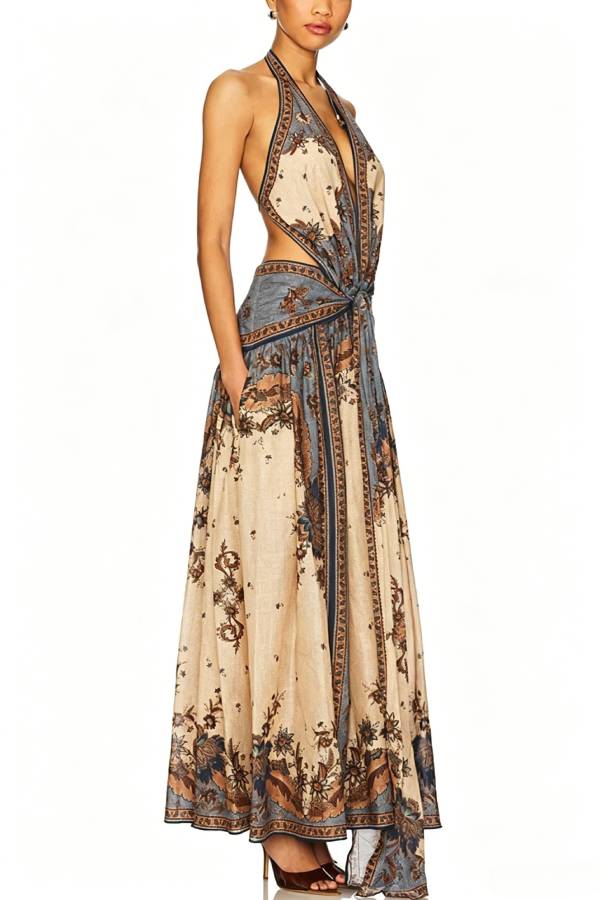 Chapel Linen Blend Floral Print Cutout Tie-up Waist Pocket Halter Backless Maxi Dress