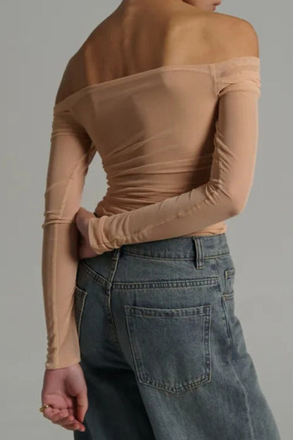 Off Shoulder Sheer Mesh Bodycon Long Sleeve Tee