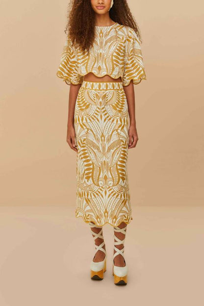 Korra Linen Blend Unique Print Wave Trim Bell Sleeve Top and Elastic Waist Pocket Midi Skirt Set