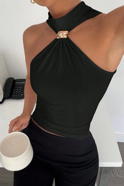 High Neck Metal Ring Sleeveless Off Shoulder Halter Top
