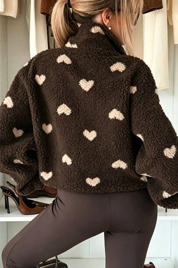 Playful Heart Pattern Teddy Bear Fleece Material Contrast Color Long Sleeve Pocket Zipper Coat