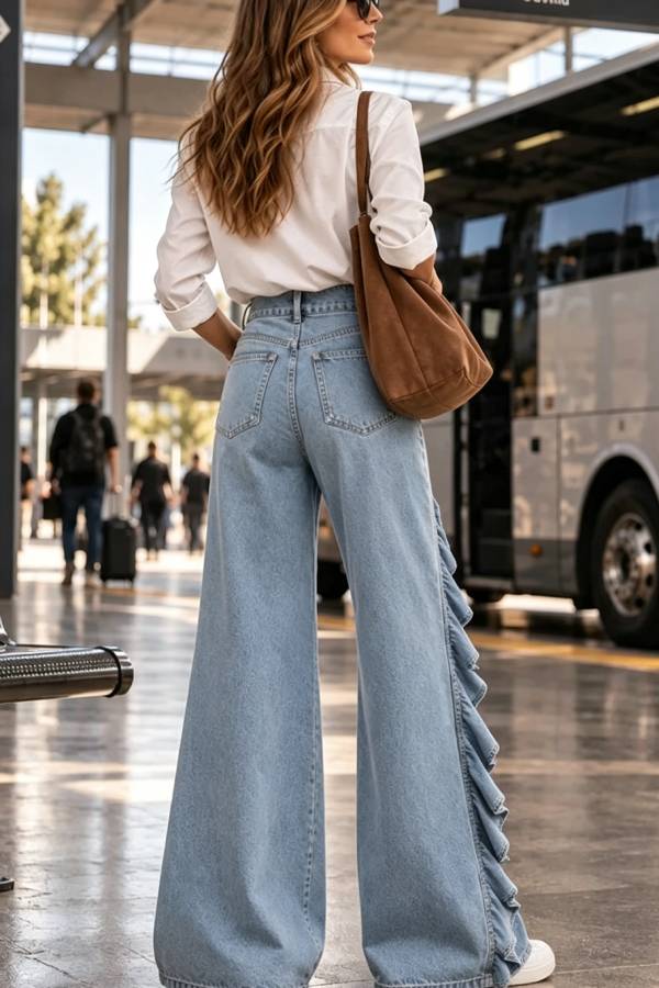 Uniquely Designed Denim Mid Rise Irregular Ruffles Pocket Wide Leg Jeans