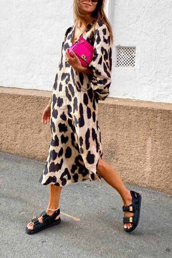 Loose V-Neck Leopard Print Balloon Sleeve Midi Dress