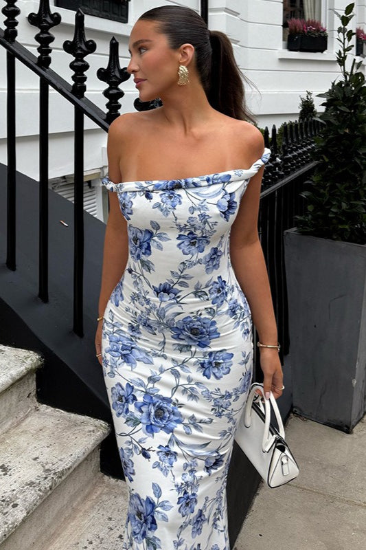One Shoulder Twist Front Slim Long Floral Dress