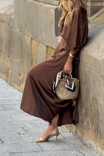 Dark Brown Satin Batwing Sleeve Top + Draped Maxi Skirt Two-Piece Set