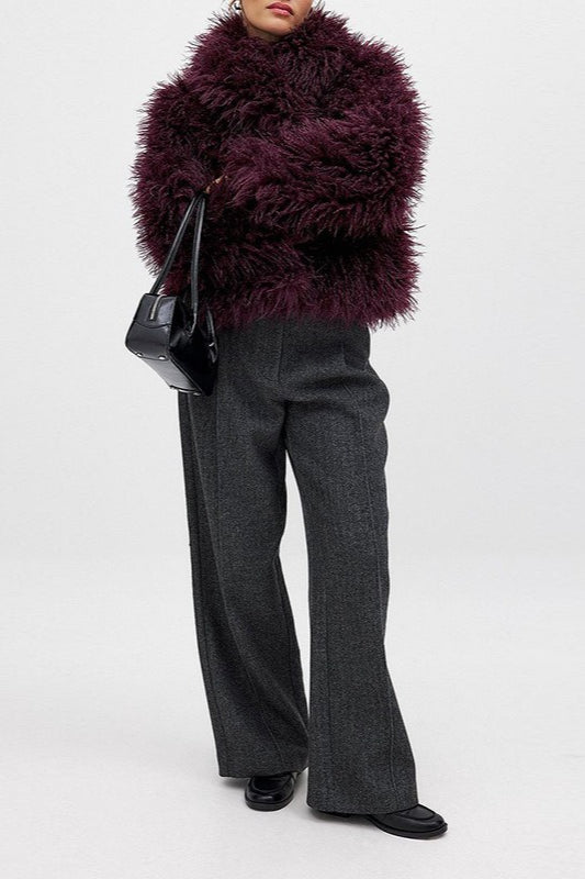 Versatile Wine Red Faux Fur Solid Coat
