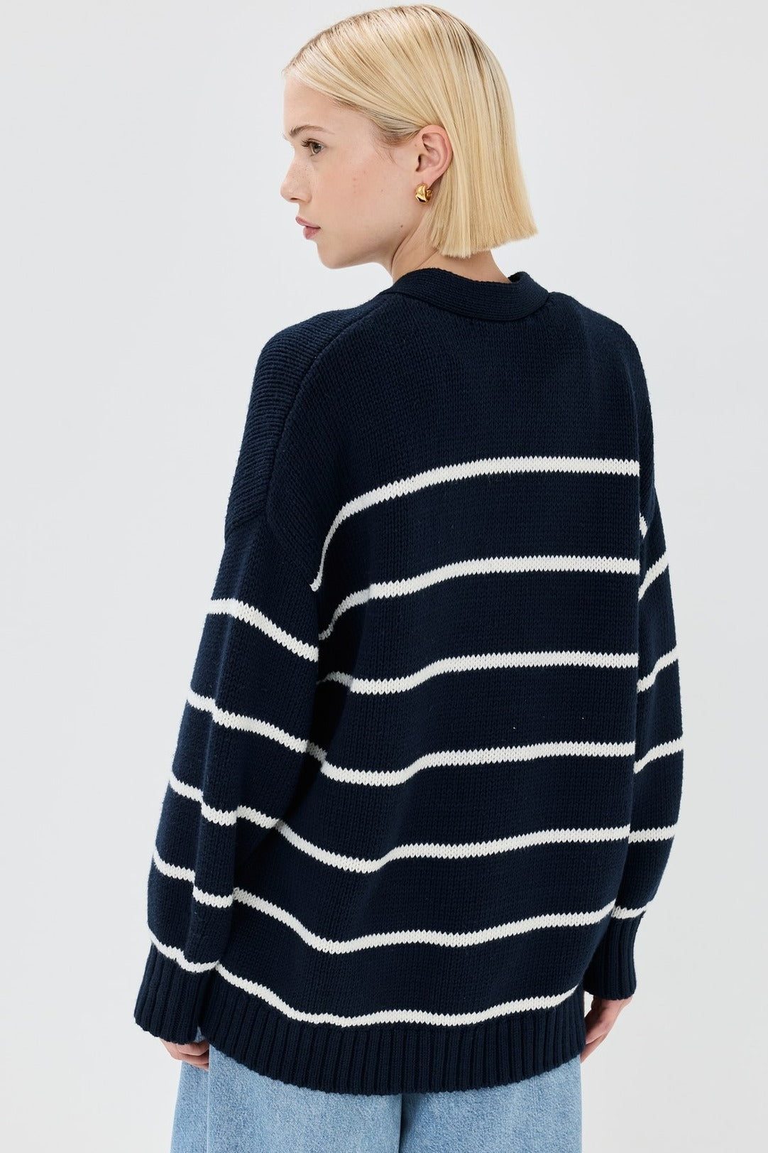 Cotton Stripe V Neck Cardigan