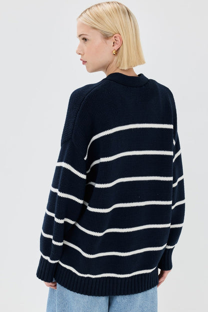 Cotton Stripe V Neck Cardigan
