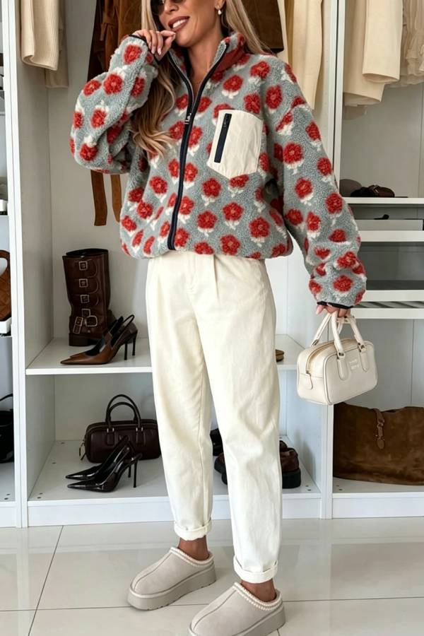 Escape From Winter Printed Teddy Bear Fleece Material Contrast Color Long Sleeve Pocket Zipper Coat