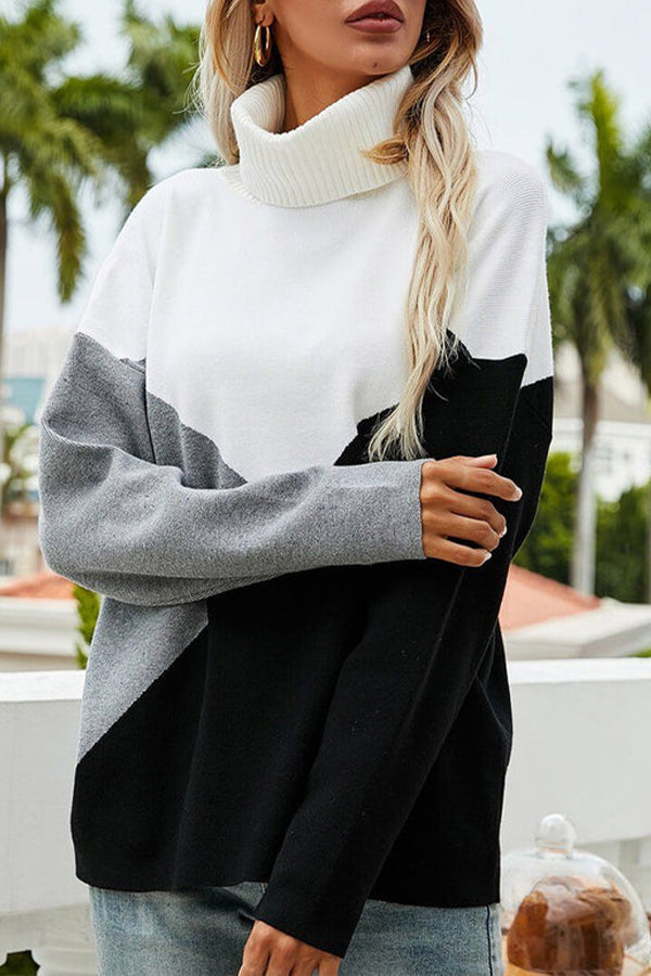Drop Shoulder Turtleneck Colorblock Knit Sweater Pullover