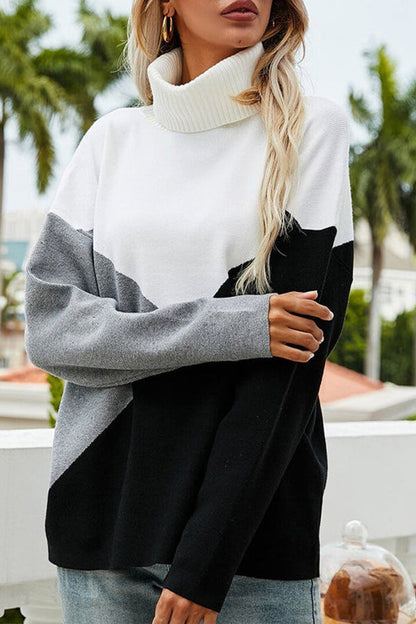 Drop Shoulder Turtleneck Colorblock Knit Sweater Pullover