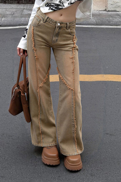 Distressed Frayed Detail Panel Straight Leg Jeans