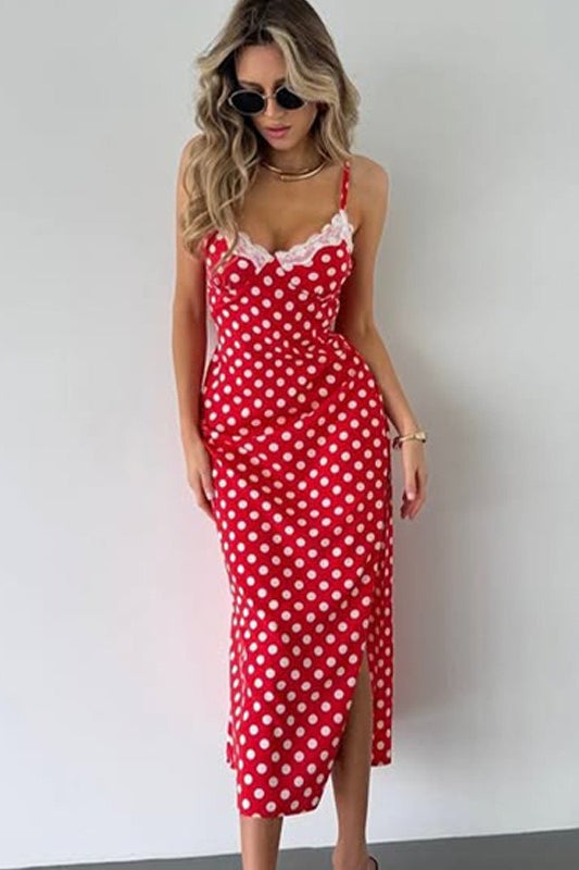 Lace Trim V-Neck Polka Cami Slit Fit Lace Dress