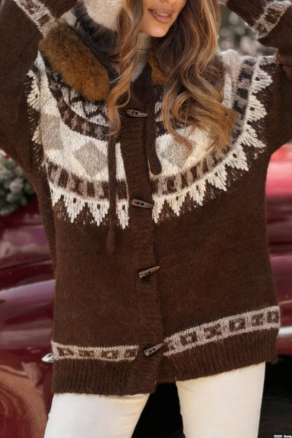 Christmas Fireplace Patterned Cardigan with Fur