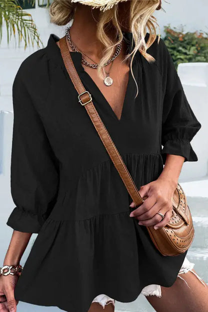 V-neck Casual Loose Solid Color Long-sleeved Blouse