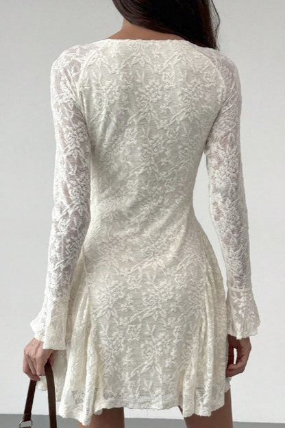 Sweetheart Neck Tie Front Floral Lace Long Bell Sleeve Side Slit Mini Dress