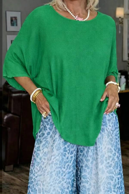 Solid Batwing Sleeve Top & Gradient Blue Leopard Wide Leg Pant Two-Piece Set