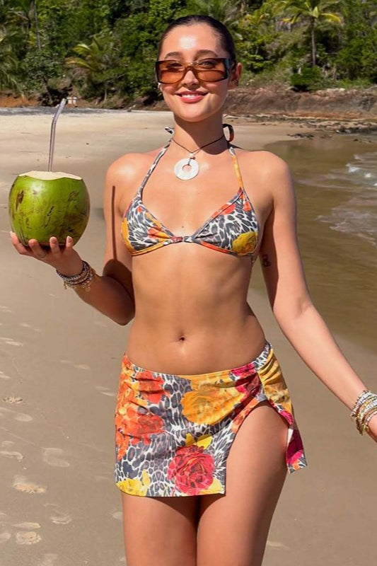 Leopard Print Halter Skirt Style Three Piece Swim Set