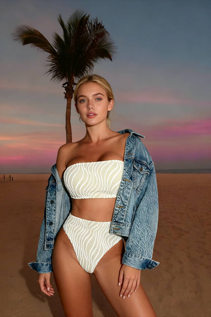 Wave Striped Bandeau High Waist Two Piece Swim Sets