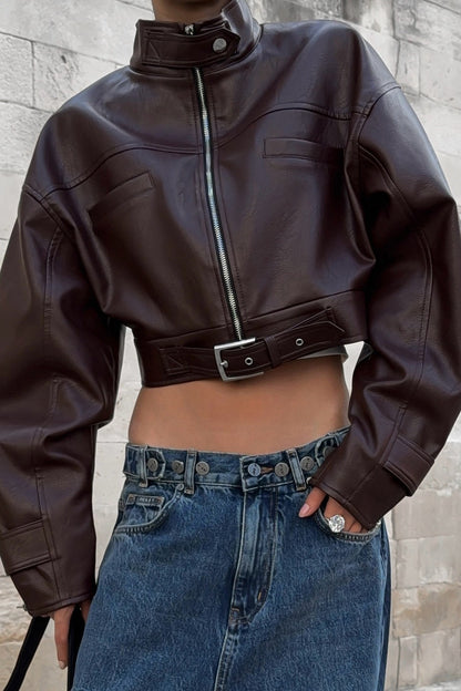 Retro Moto Stand Collar Zip Leather Jacket
