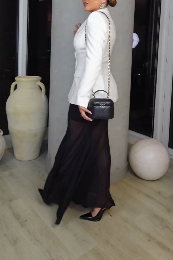 Black sheer patchwork midi skirt