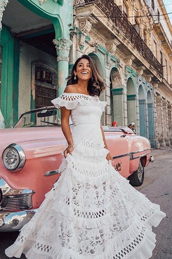 Ruffled Cutout Off Shoulder Flare Lace Maxi Boho Dress