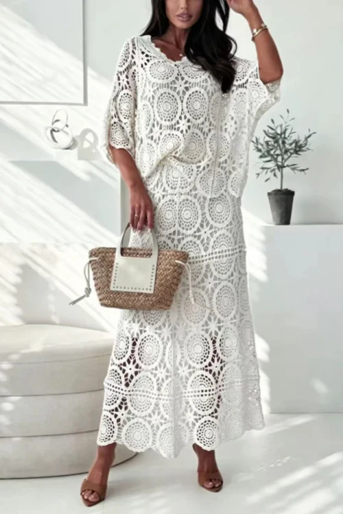 High Rise Crochet Hollow Out Maxi Skirt