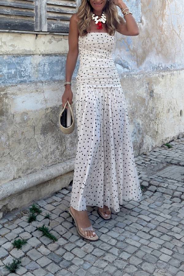 French Polka Dot Strapless Tulle Maxi Dress