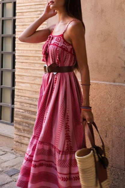 Bohemian Geometric Embroidered Cami Maxi Dress