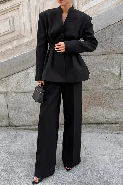 Ruched V Neck Waist Cinched Blazer Pants Two Piece Set