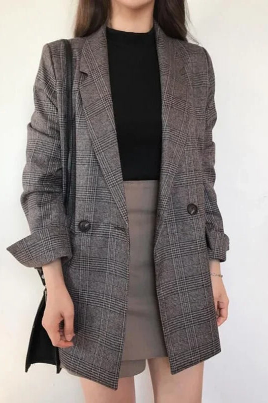 Plaid Double-Breasted Long Blazer