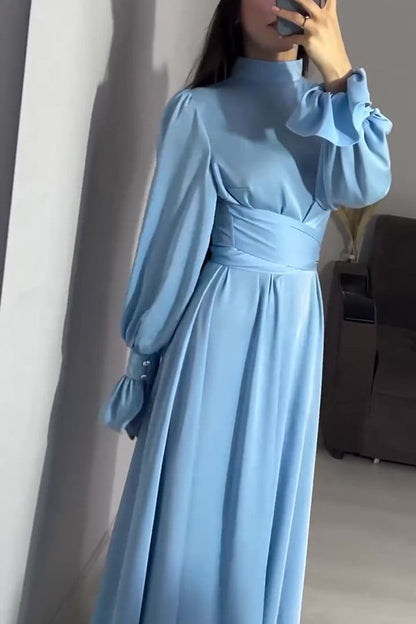 Mock Neck Bishop Sleeve Ruched Waist Satin Maxi Dress