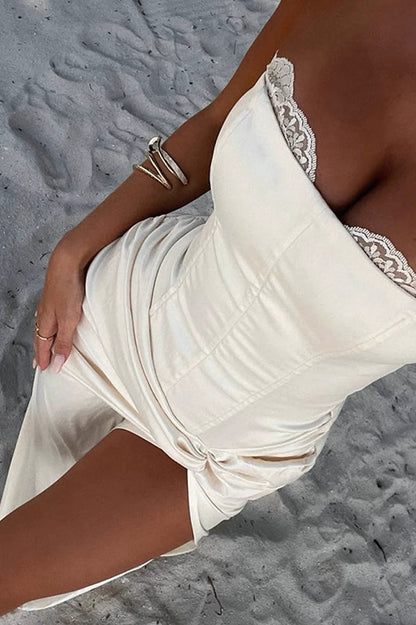 Solid Satin Strapless Ruched High Slit Formal Dress