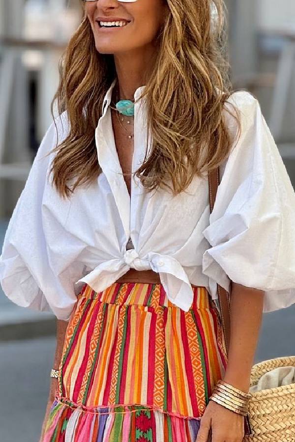 Loose Mid-length Sleeve Bow White Shirt