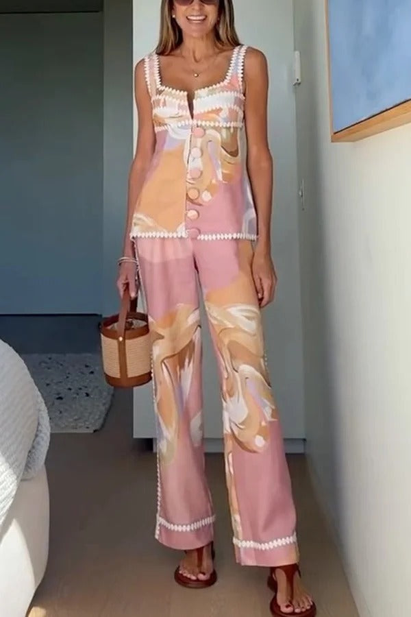 European Summer Linen Blend Ric Rac Trims Unique Print Button Tank