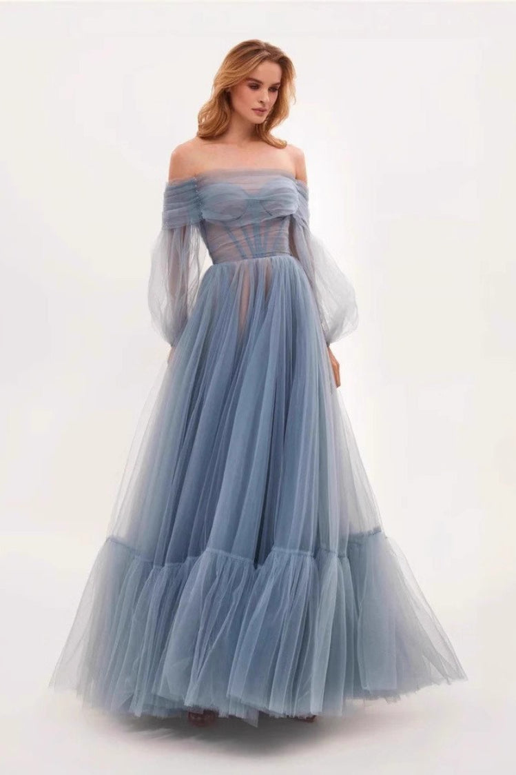 Off Shoulder Mesh Long Sleeve Prom Dress