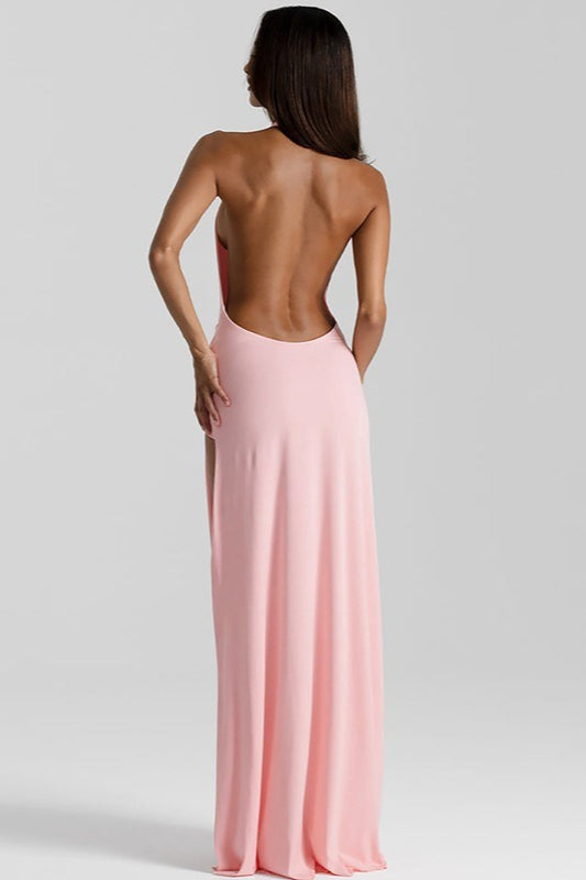 Deep V Halter Ruched Twist Waist Thigh Slit Jersey Maxi Wrap Dress