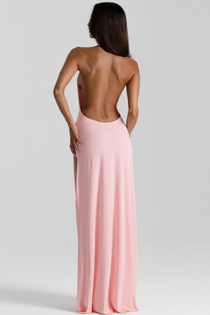 Deep V Halter Ruched Twist Waist Thigh Slit Jersey Maxi Wrap Dress