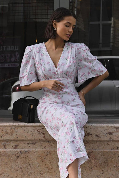 V Neck Short Sleeve Maxi Floral Dress