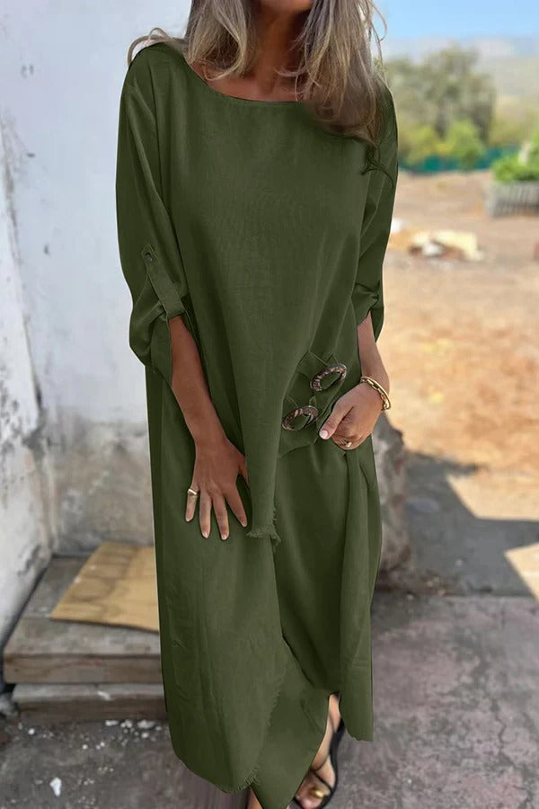 Jamilah Linen Blend Ring Detail Midi Blouse and Elastic Waist Pocketed Loose Pants Set