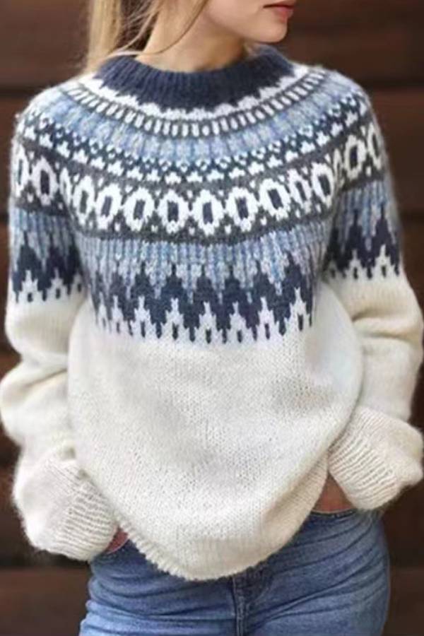 Retro ethnic style geometric pattern round neck loose knit sweater