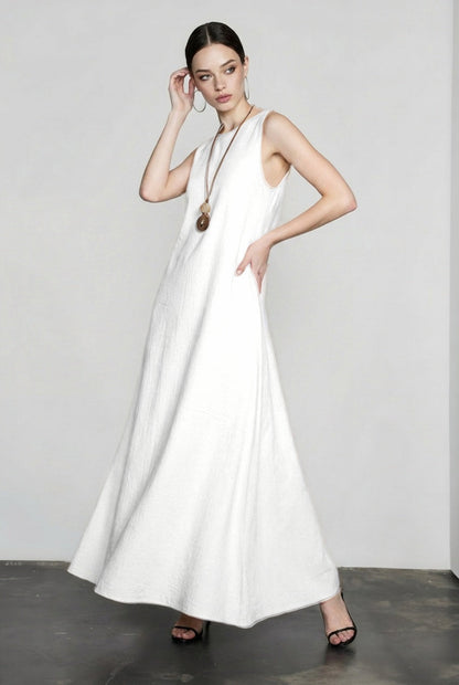 Linen Look Sleeveless Round Neck A-Line Tank Maxi Dress