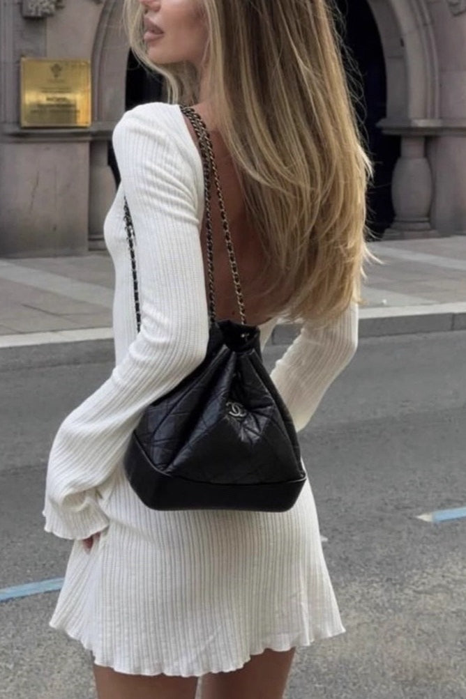 Bell Sleeve Backless Solid Knit Fitted High Waist Mini Sweater Dress
